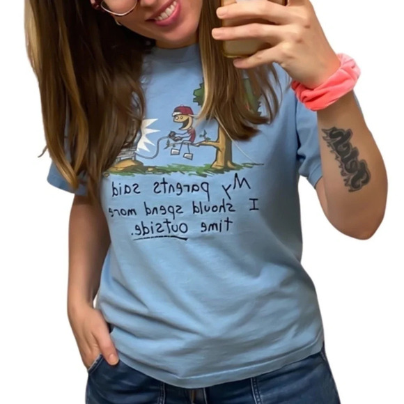 Vintage 90s Hilarious Gamer Tshirt Light Blue Unisex Size Medium Tee T-Shirt - Picture 8 of 12